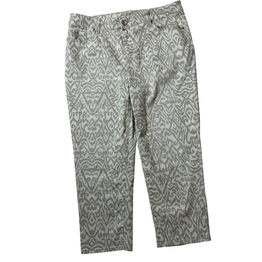 Chicos Platinum Crop Pants Tan White Ikat Paisley Print Straight Leg Size 2 L - Picture 2 of 6